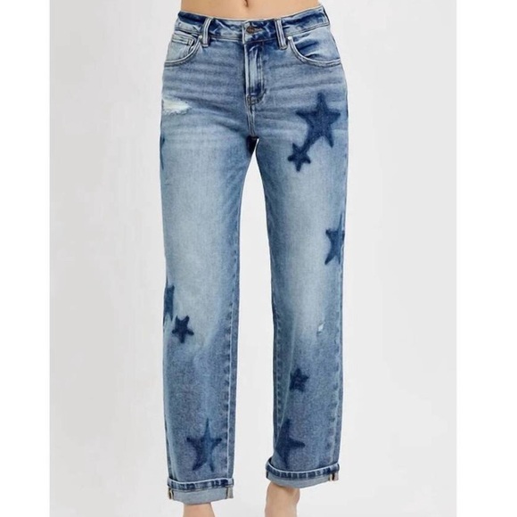 RISEN Denim - NEW RISEN star shadow mid rise boyfriend cuffed jeans in medium wash